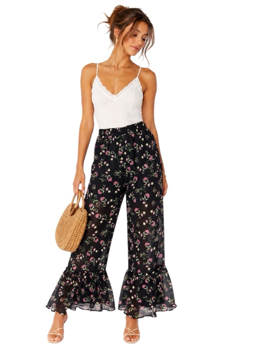 Nasty Gal "NEW" Black Pink Floral Ruffle Romantic Boho Semi Sheer Pants Size 6